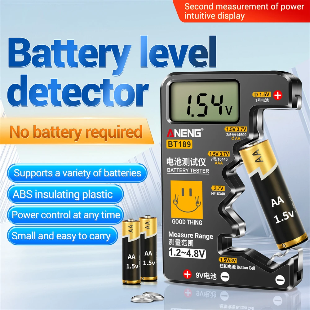 ANENG-Testador de Bateria Digital com Display LCD, Detector de Capacidade de Bateria, Ferramentas Capacitância Universal, 9V, 1.5V, BT189