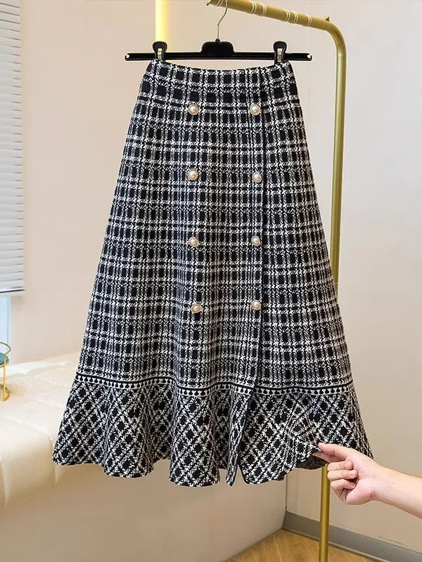 

Женская вязаная юбка А-силуэта больших размеров в клетку для осени и зимы, с высокой талией, длиной миди, с кружевным подолом, повседневная, для офиса