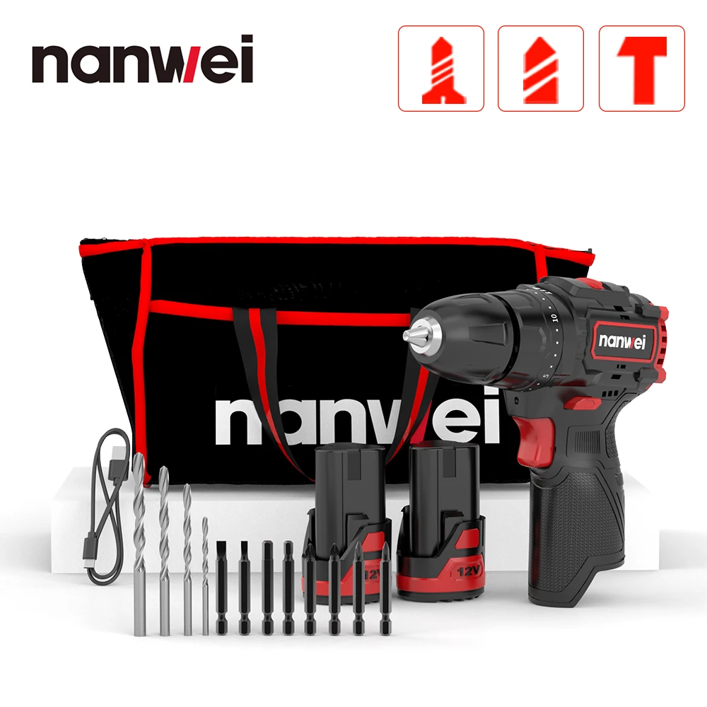 Nanwei-mini Brushless Lithium Furadeira Elétrica Recarregável Multifuncional Doméstico Mão Chave de Fenda Impacto 12