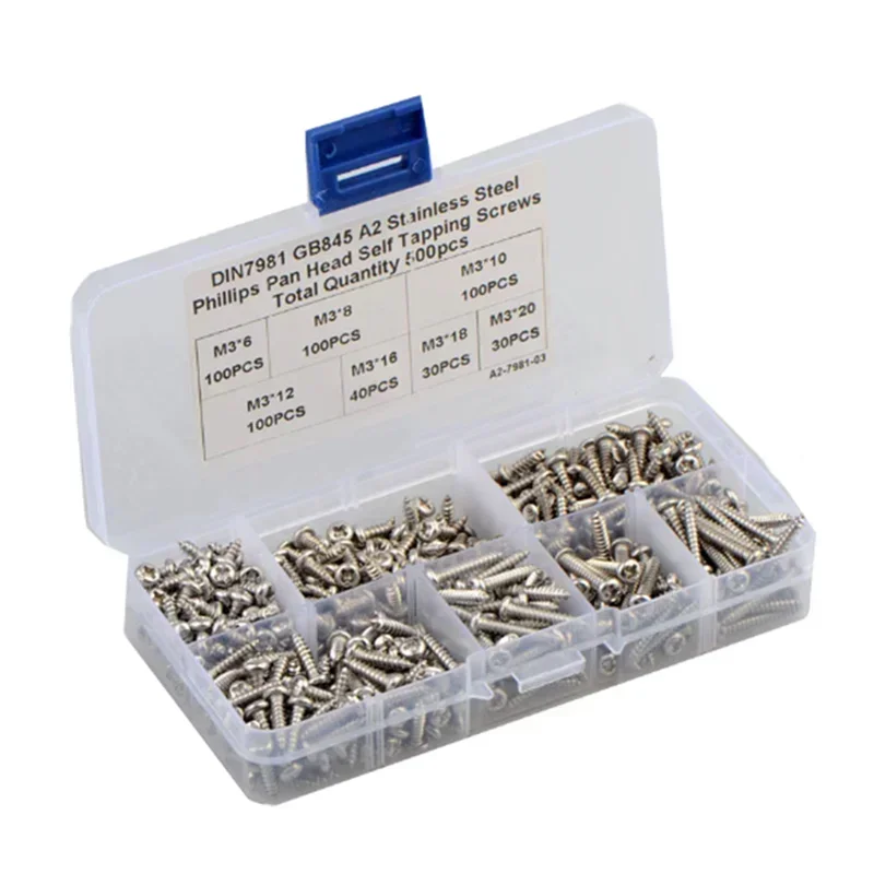 500pcs M3 stainless steel 304 Cross Pan Head Self Tapping Screw Combination Set Phillips Round Head Screw Kit