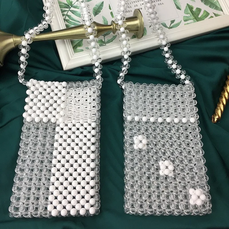 Customized Crystal Bag New Fashion INS Green Transparent Splice Mobile Phone Women's Crossbody Bags Handmade Beaded Weaving