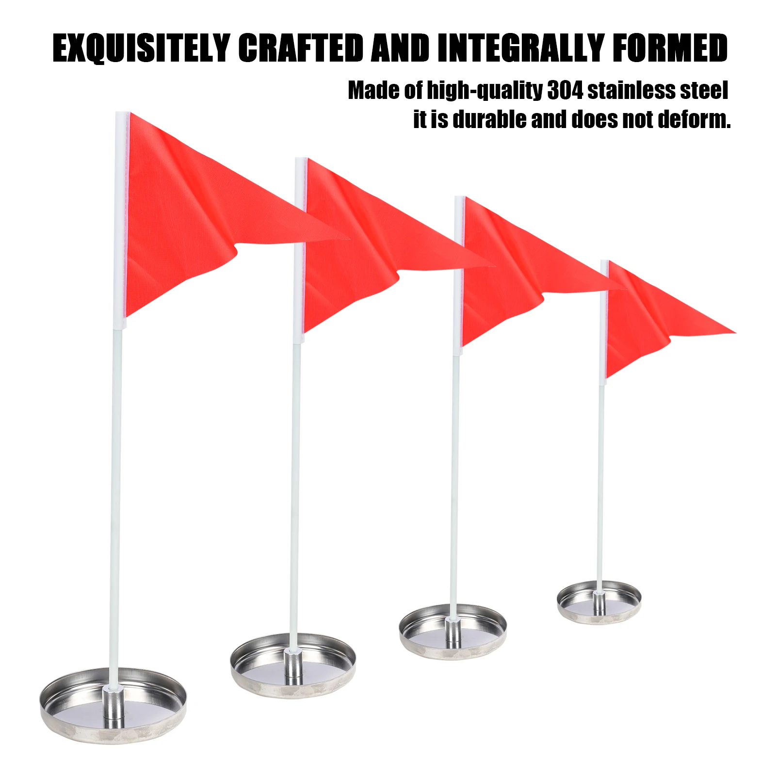 

Golf putting practice set with stainless steel cup base and flagpole with triangular flag for indoor and outdoor training access