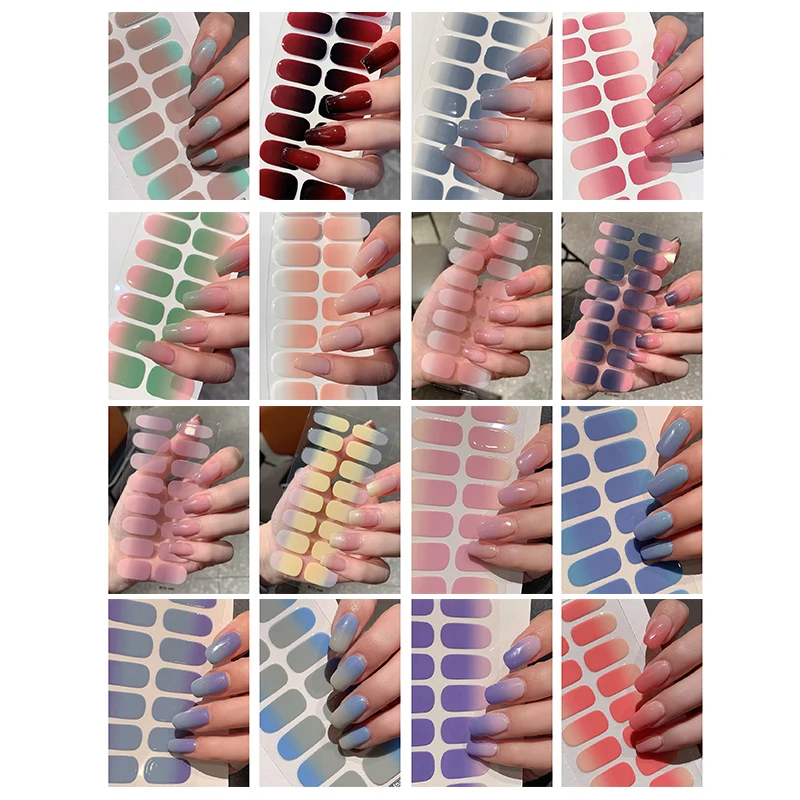 16 Nude Semi Curing Gel Nail Enhancement Patches Solid Color Gradient Nail Patches Simple Stylish Easy Clean Long-lasting