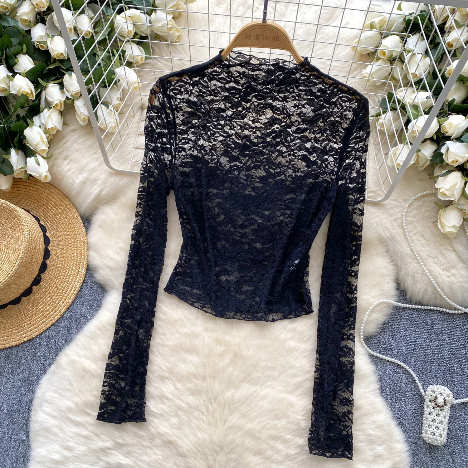 Chic O-neck Long Sleeve Sexy Hollow Out Women Vintage Lace Spliced Mesh Slim Top Korean Streetwear High Street Autumn Clothing