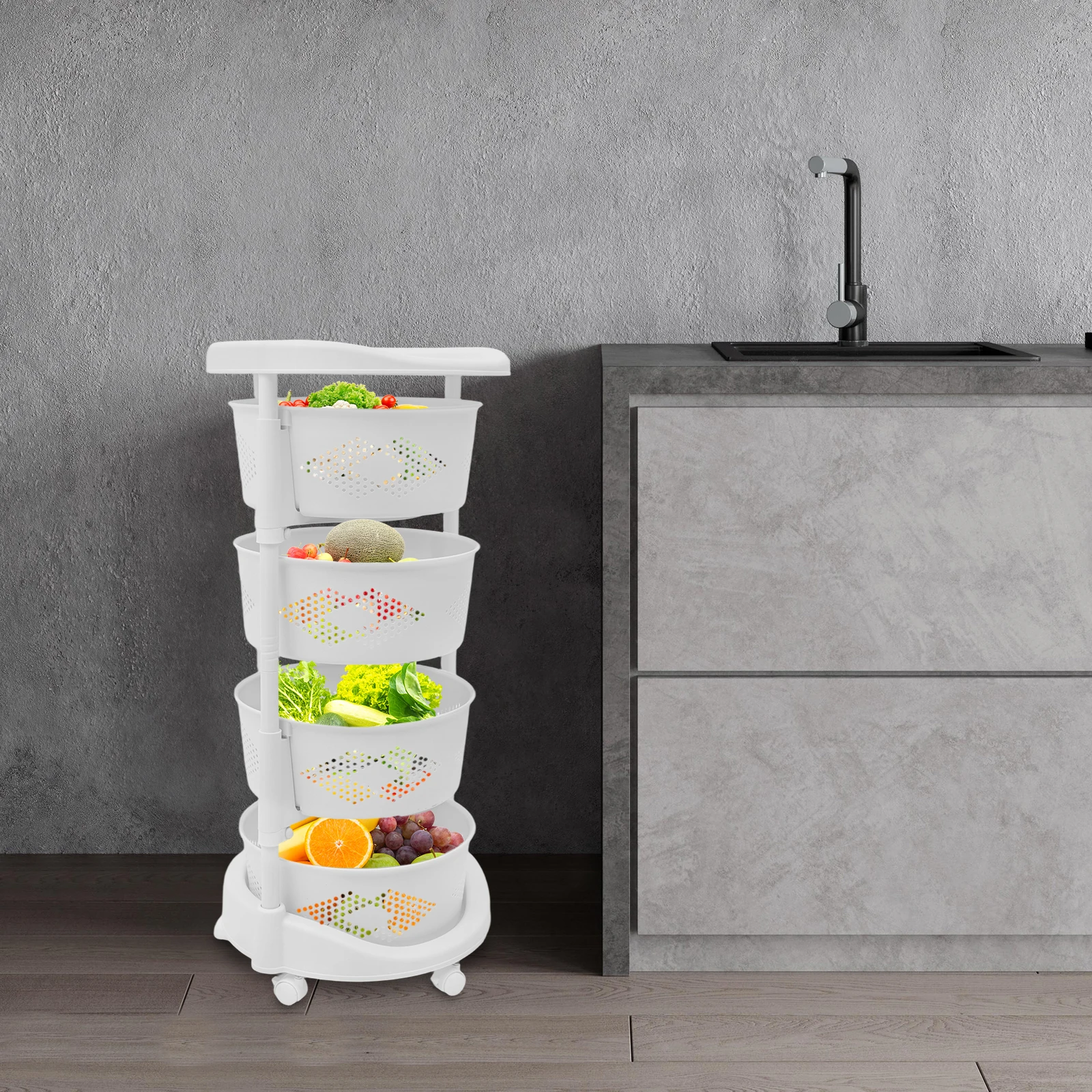 

White, 4-Tier Rotating Storage Shelf, Kitchen Storage Basket Cart, Storage Rack with Wheels for Kitchen, Bedroom, Living Room