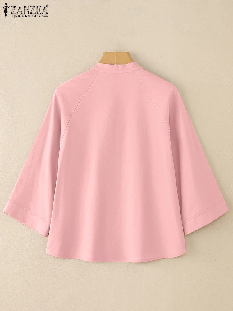 Camicie da donna ZANZEA 2025 Camicia da lavoro solida autunnale Elegante colletto alla coreana Camicetta con maniche a 3/4 Bottoni casual Up Blusas Mujer Top femminili