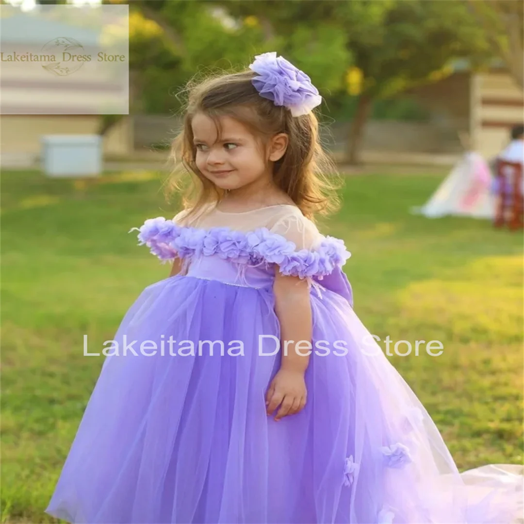 Lilac Flower Girl Dress 3D Tulle Flowers First Birthday Dress Toddler With Big Bow Kids Princess Pageant Party Dress Customized