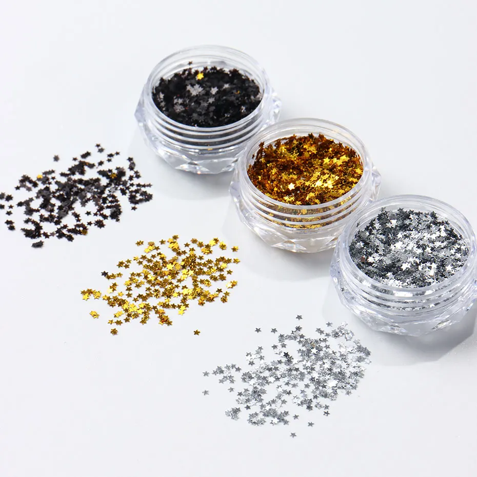 3pc Y2K Tiny Star Glitter Nail Flake Golden Silvery Black Small Pentagram Nail Seqiuns Kawaii Korean DIY Manicure Accessories image 6
