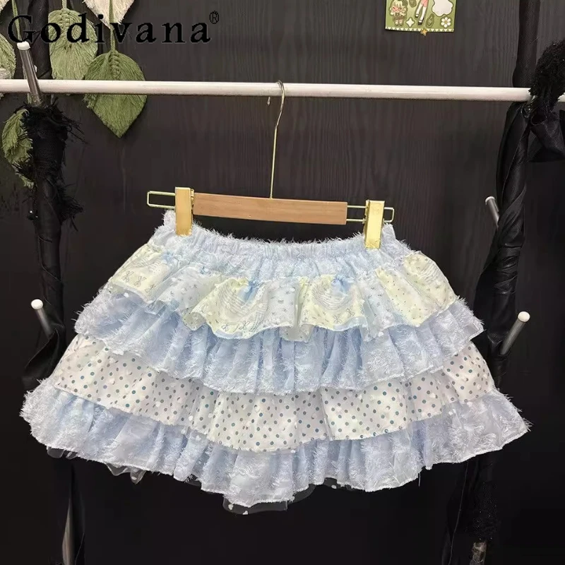 الأصلي الحلو الأزرق لوليتا تنورة المرأة الحب شبكة الدوبامين القوس رقيق كعكة تنورة السيدات عالية الخصر البولكا نقطة تنورة صغيرة