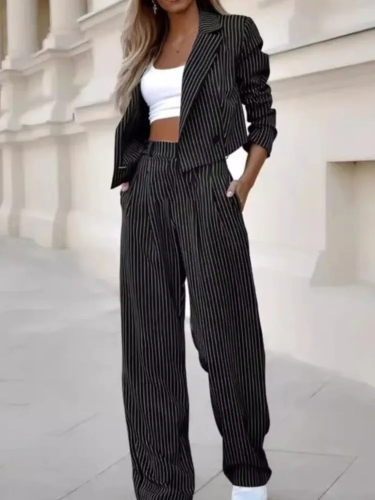 

Casual Striped Suits Women Office Two Piece Set Autumn Long Sleeve Lapel Blazer And Pants Sets Ladies Fashion Short Coat Outfits