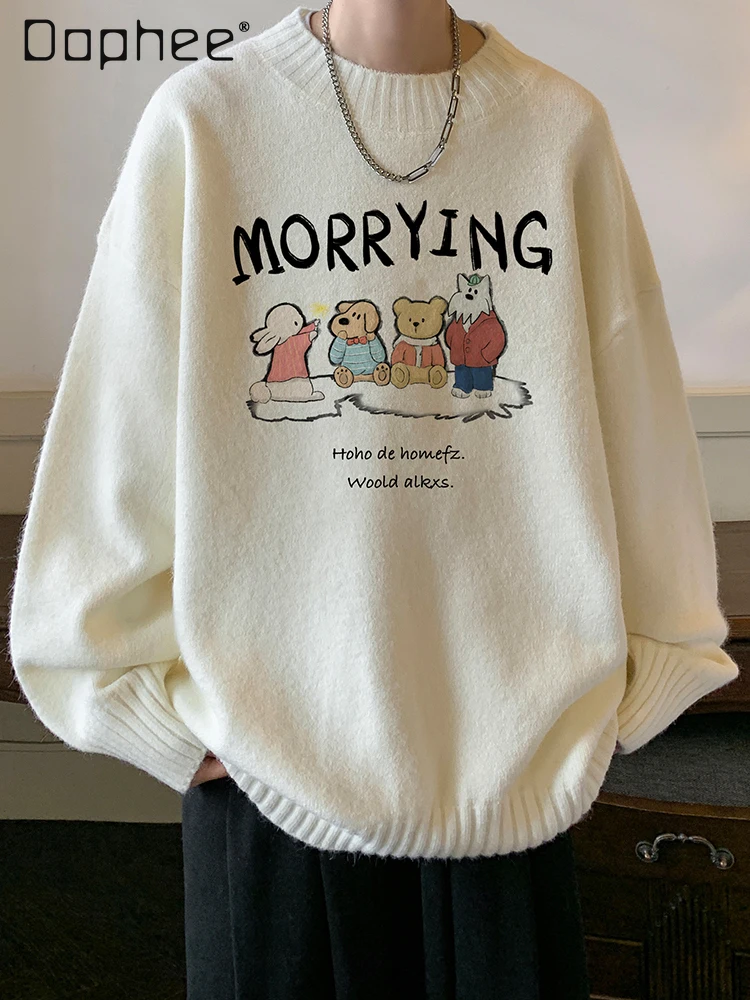 

2025 Autumn Winter Japanese Retro Men's Soft Loose Casual Crew Neck Cartoon Embroidery White Black Gray Sweater