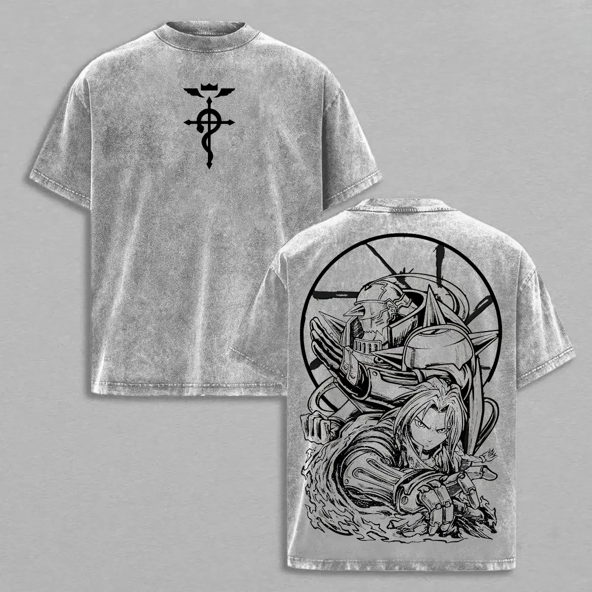 Vintage Washed Fullmetal Alchemi Edward Elric T-shirt For Unisex Clothing Anime Oversized T Shirt Short Sleeve Cotton Tees Tops