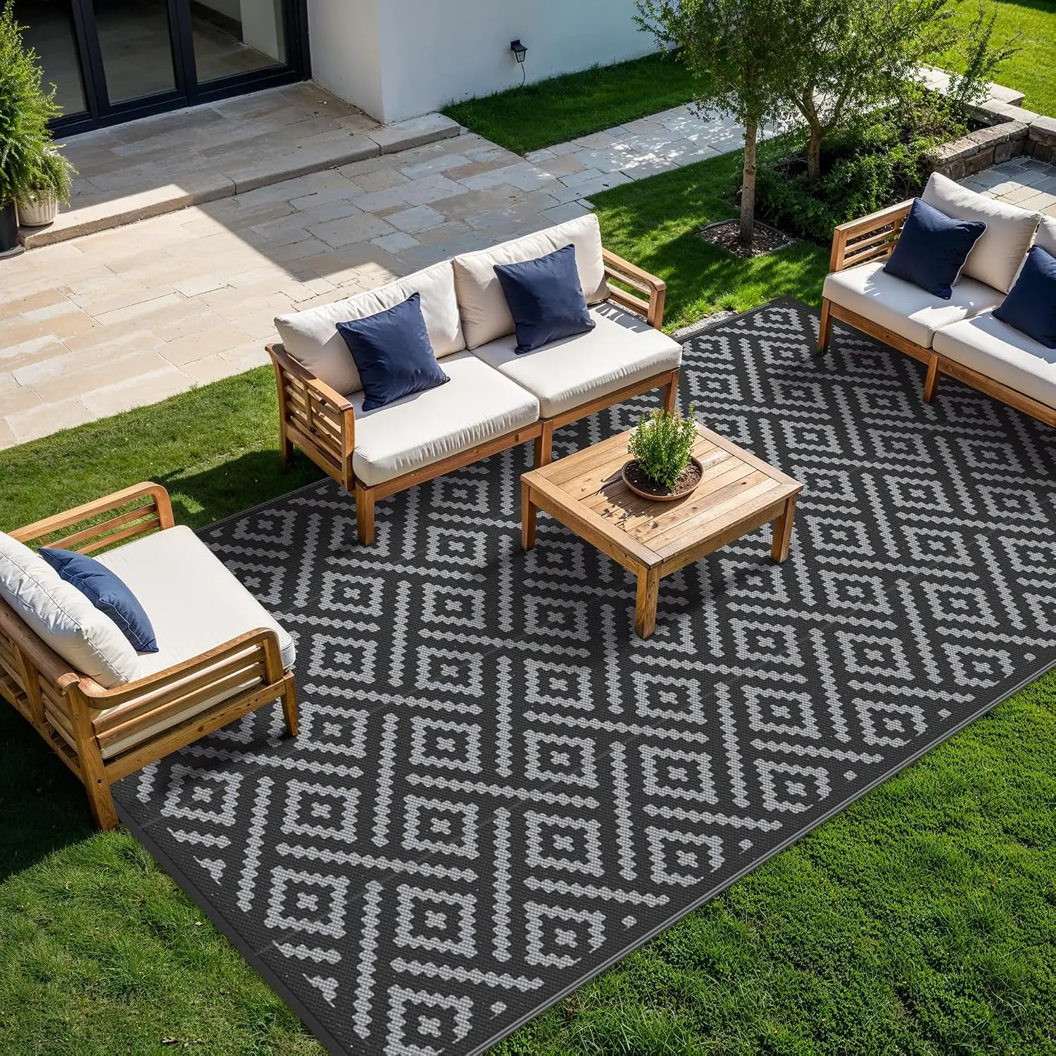 Outdoor Rug, Waterproof Plastic Rugs 10'x14' for Camping Black Grey | Outside Larger Modern Carpet Mat for Patio Decor, RV, Porc