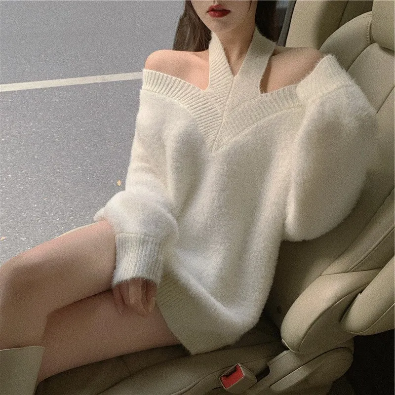 2024Autumn Korean Knitwear Women Sexy Halter Cross Cold Shoulder White Knitted Jumpers Elegant Loose Oversized Sweater Pullovers