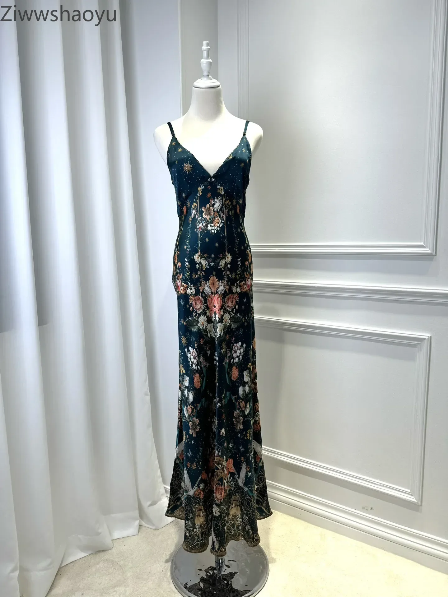 

High Quality Autumn Women Fashion Runway Designer 100% Silk Flower Print Strapless Backless Vintage Sleeveless Sling Long Dress