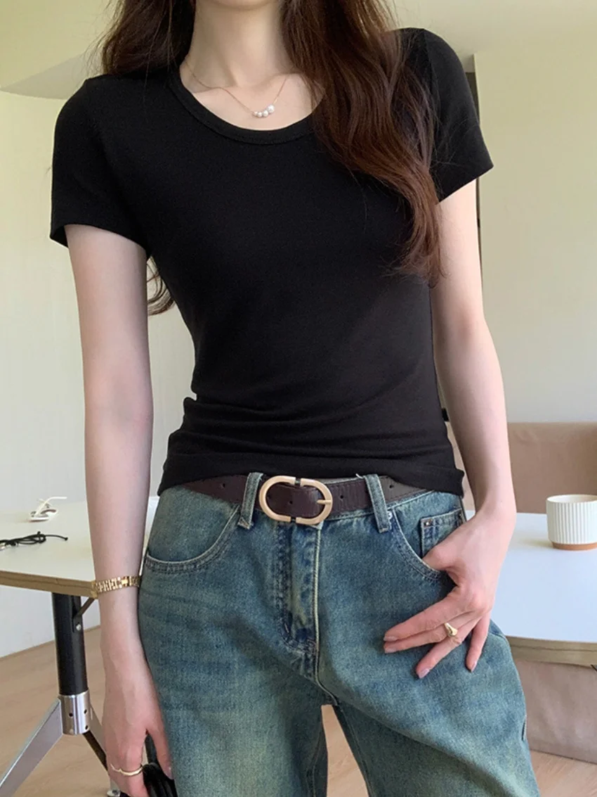 الغريبة كيتي 2025 تي شيرت غير رسمي جديد الصلبة شيك قصيرة الأكمام مكتب سيدة شارع العليا لطيف الحد الأدنى كل مباراة فضفاض تيز #6