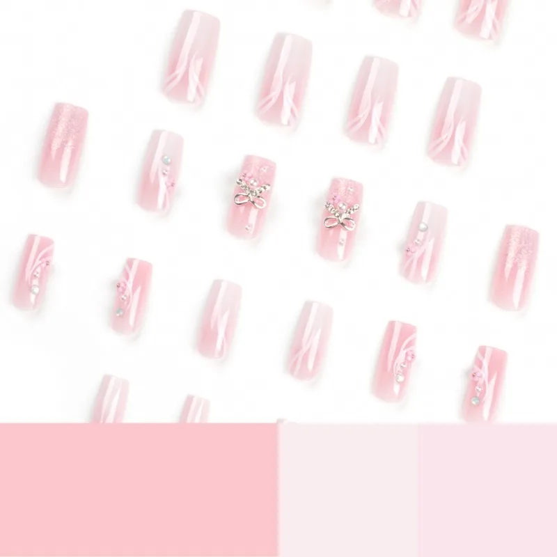 Unhas Postiças Longas, Pérolas De Brilho, Unhas Artificiais, Pressione na Rosa, Doce Decorado Unhas Postiças, 24Pcs