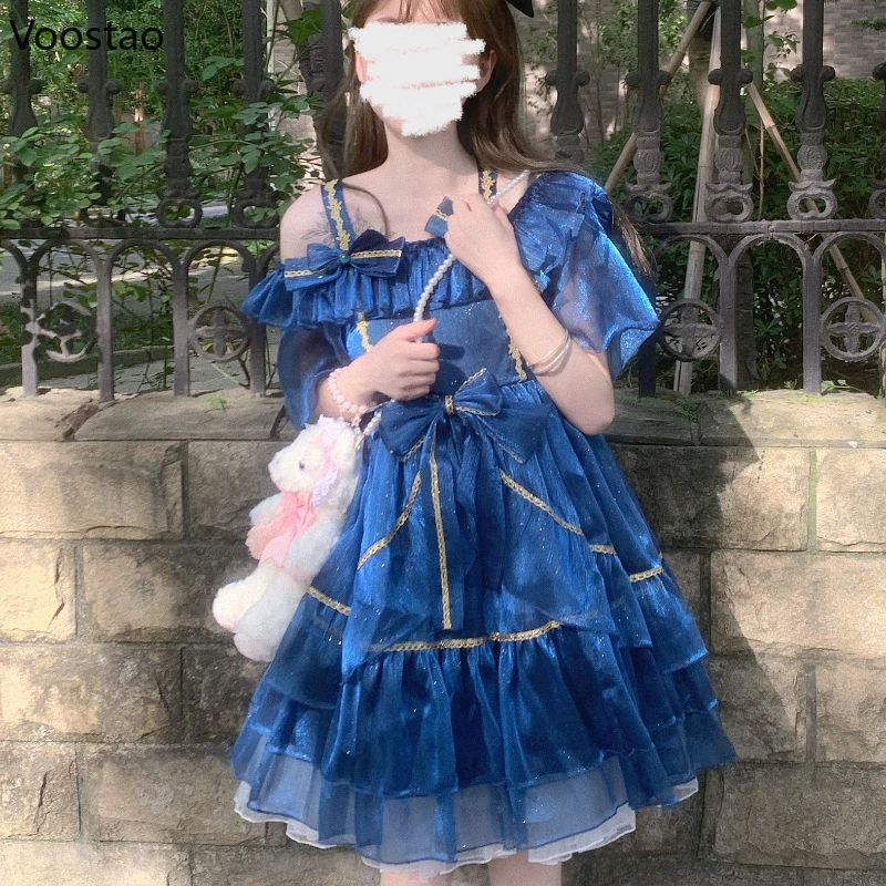 Giapponese dolce notte artica Lolita vestito da principessa ragazze carino Chic volant fiocco di pizzo abiti da festa donne Kawaii blu Mini abiti