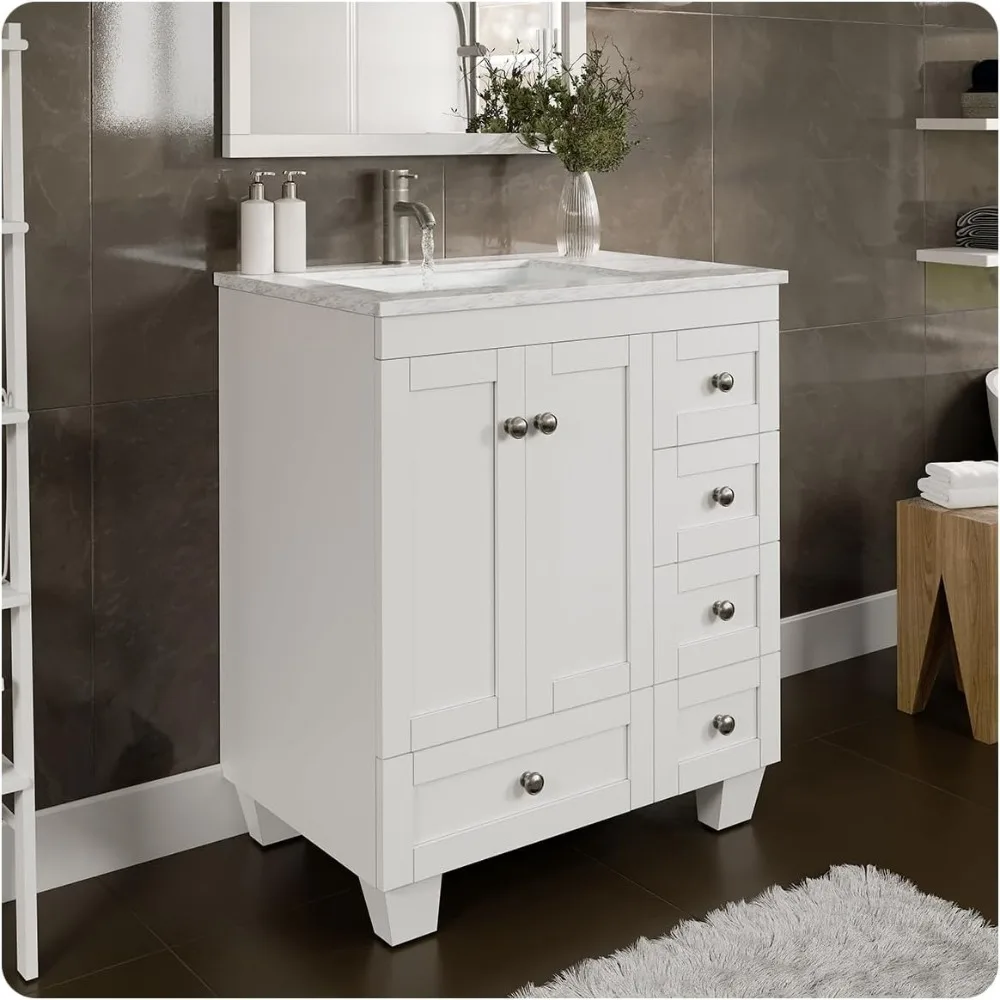 Happy Bathroom Vanity - 30” White Bathroom Vanities With Carrara Quartz Countertop - Bathroom Vanities And Undermount Porcelain