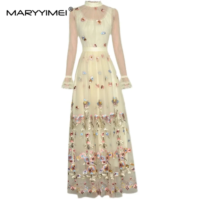 

MARYYIMEI Autumn Women's Fashion dress Standing collar Long sleeved Flower embroidery Mesh Slim Elegant Party Long Dresses