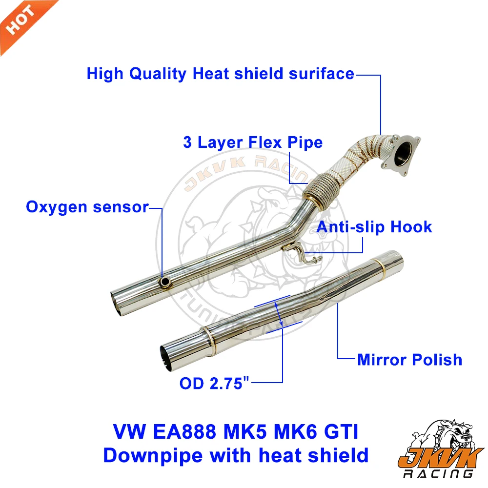 JKVK RACING 2.75'' SS304 Mirror Polished Exhaust Downpipe for EA888 MK5 MK6 GTI with heat shield