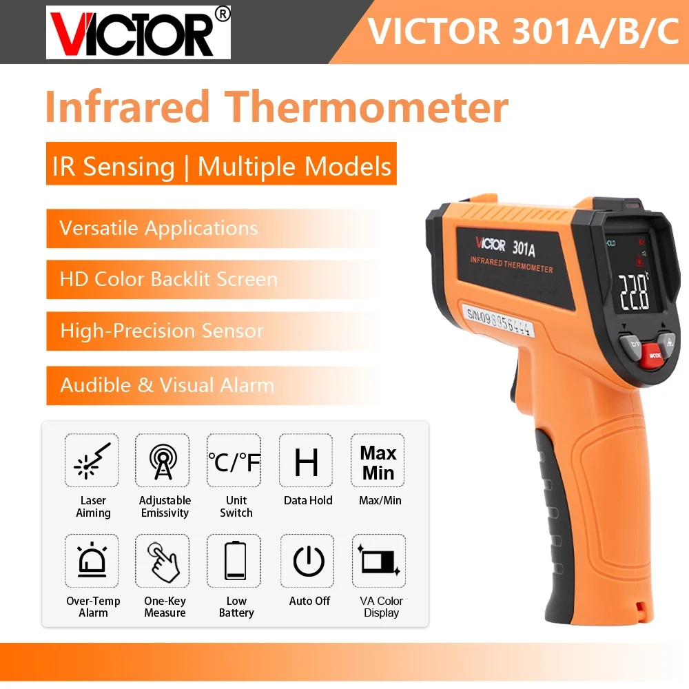 

Victor 301A 301B 301C ИК-термометр Бесконтактный температурный пистолет HD Цветной экран 12:1 D:S Соотношение Регулируемый инструмент для измерения излучения