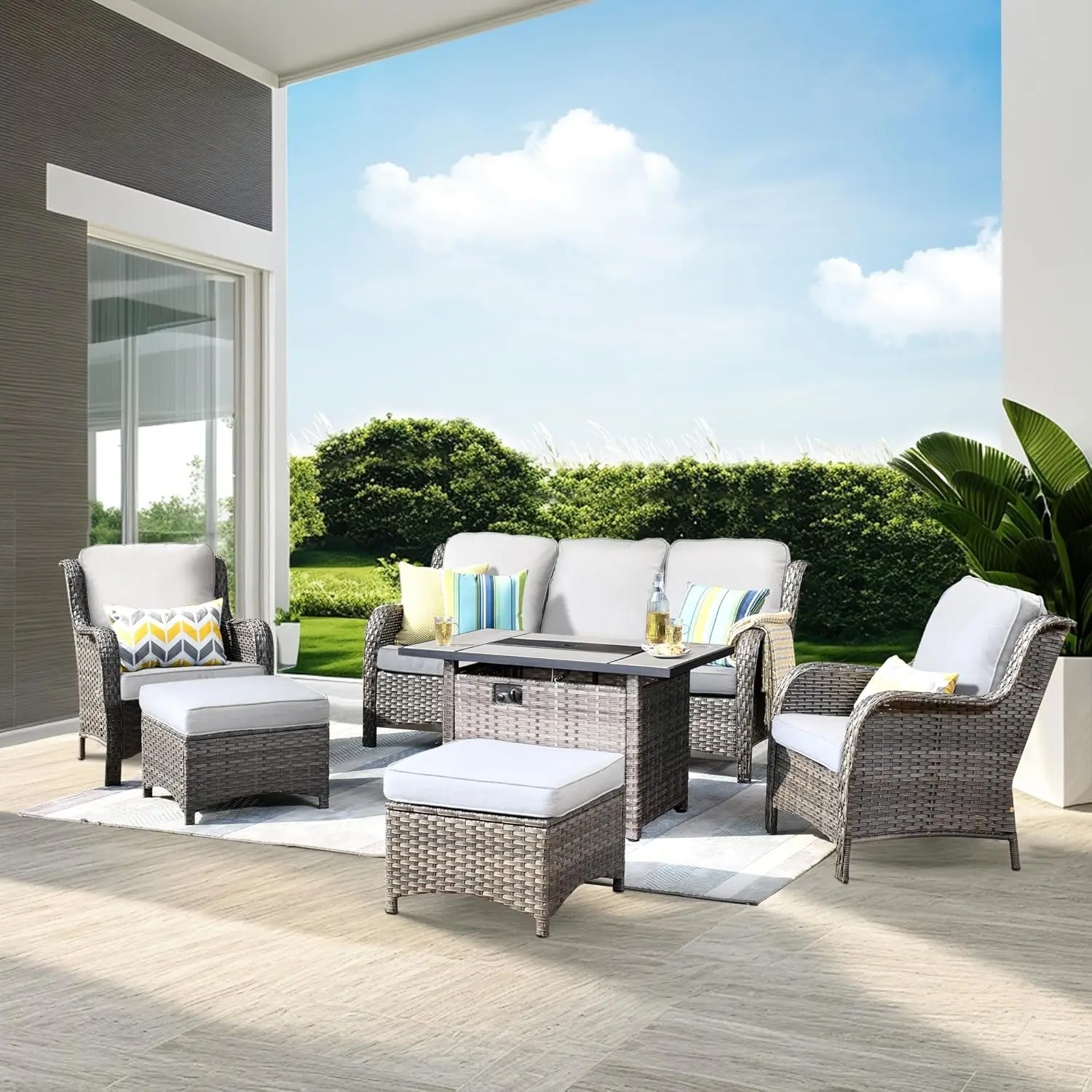 

Patio Furniture Sets All Weather PE Wicker Sectional Sofa Couch Conversation Set with Rectangle Fire Pit Table and Ottomans