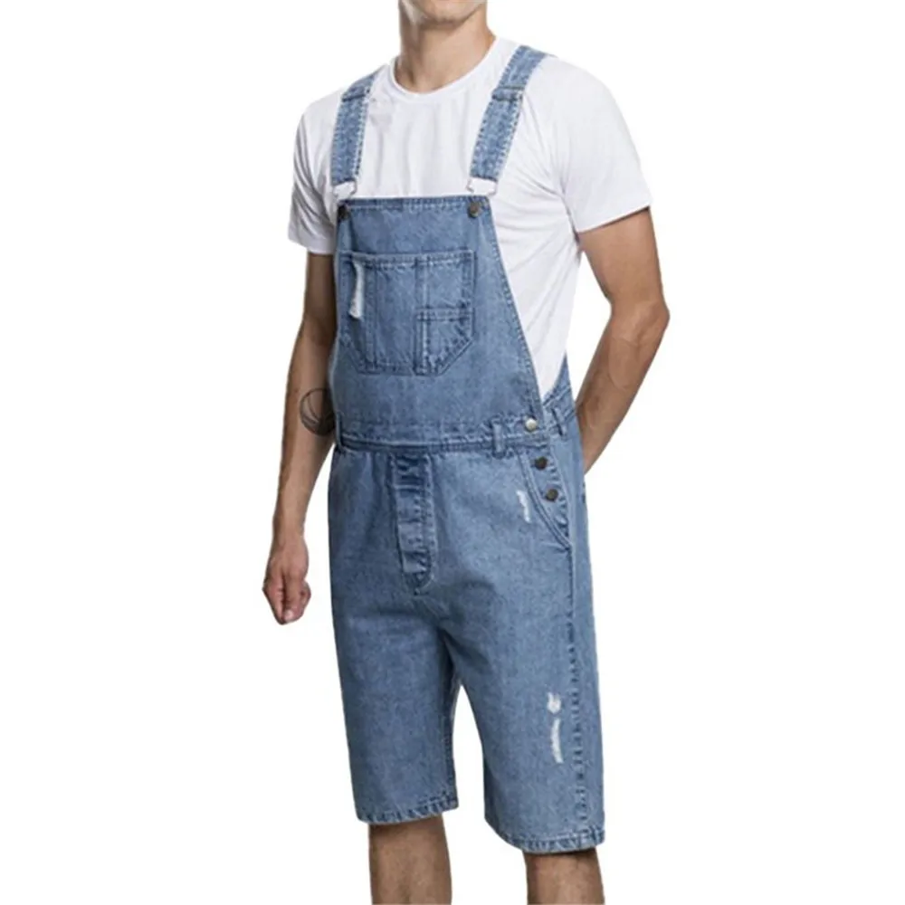 New Vintage Mens Jeans Hole Shorts One-piece Overalls Suspenders Summer Fashion Trend Streetwear Male Denim Jumpsuits