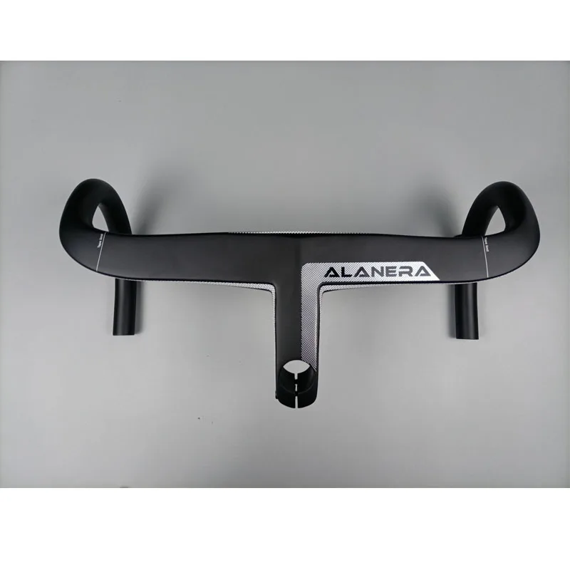 ALANERA White Logo Carbon Road Bike Intergrated Handlebar for 28.6mm fork steer with headset spacers and computer mount