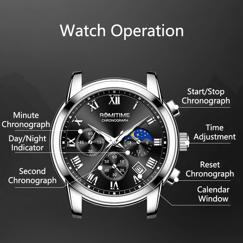 ROMITIME Men's Watch Top Luxury Brand Waterproof Luminous Stainless Steel Business Date Chronograph New Quartz Wristwatch