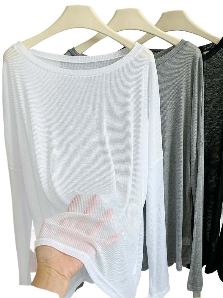 

Sexy Off Shoulder Hollow Out T-shirt Women's Seaside Long Sleeved Loose Thin Top Summer Air-conditioned Shirt