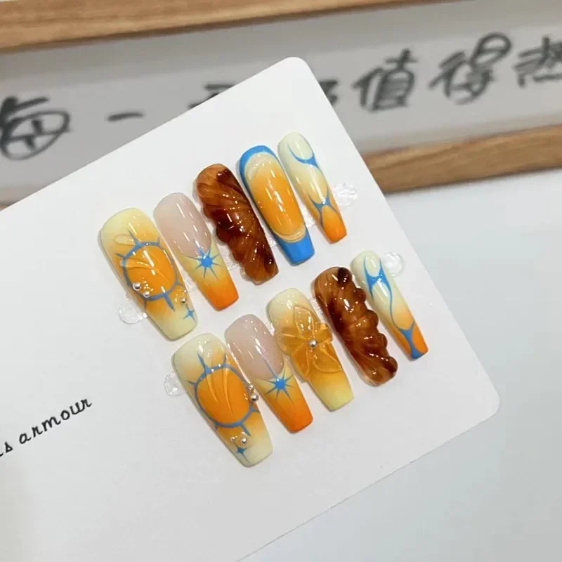 

10pcs Handmade False Nails for Gluing Nail Art Fake Nails with Tools Artificial Realistic French 3d Flower Press on Nails Set