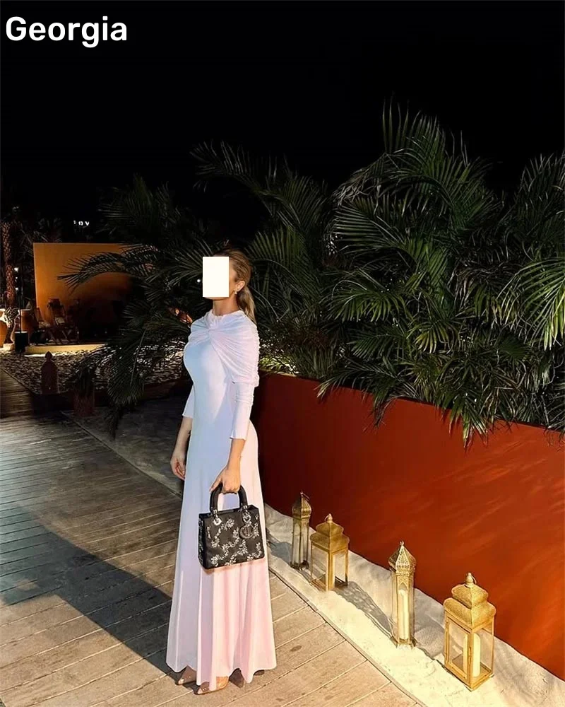 A-Line Customized Scoop Neckline Floor-Length Luxury Evening Dresses Ruffle Zipper Up Wedding Party Dress Long Sleeves Vestidos