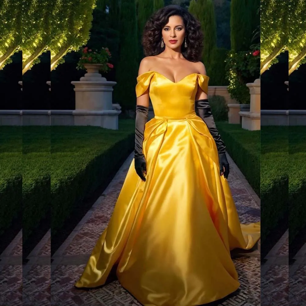

Simple Yellow Evening Dresses Off the Shoulder Floor Length Chapel Train A-Line Gowns Formal Princess Party Prom Dress Vestidos