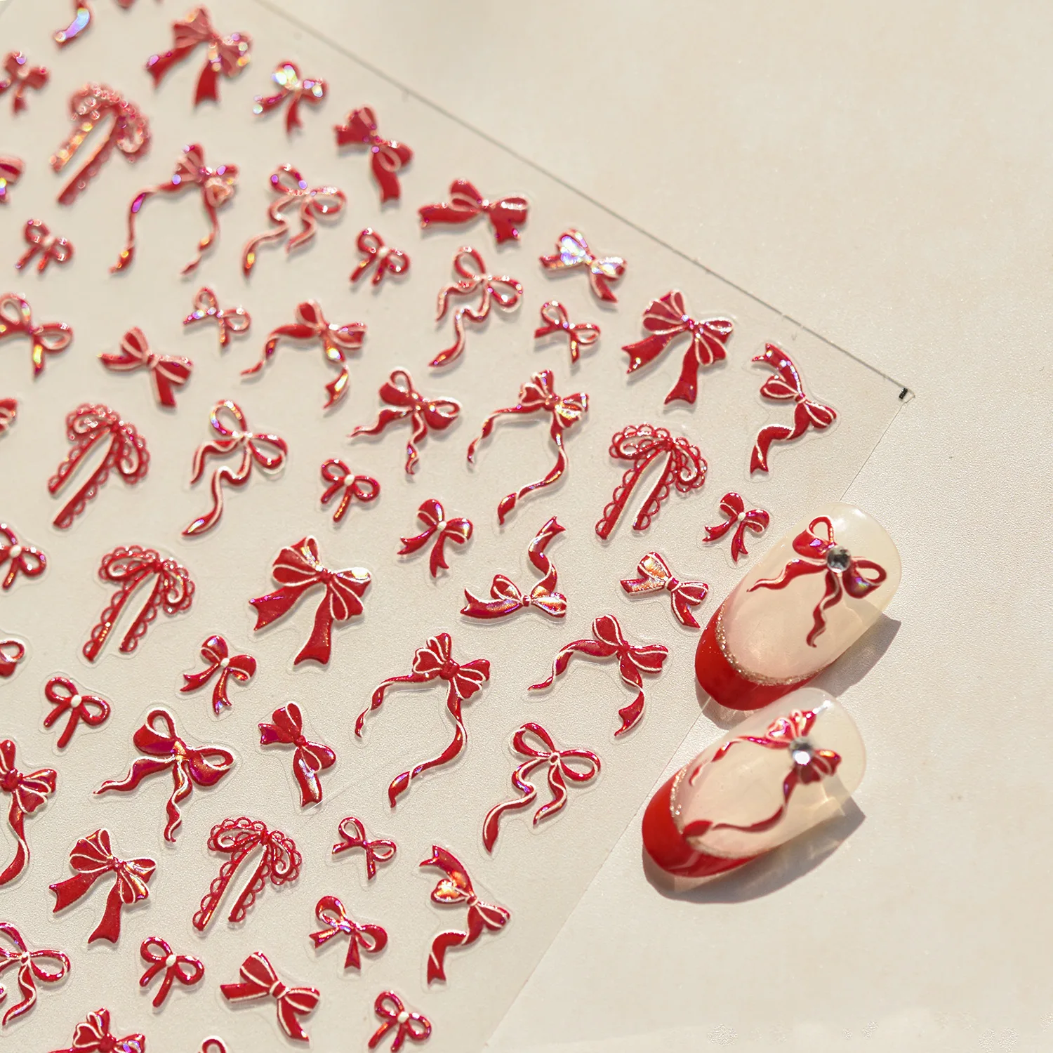5D شريط صغير القوس الأحمر Bowknot التعادل مسمار الفن ملصقات أنيقة خط الدانتيل حساسة سحر حجر الراين ذاتية اللصق مانيكير الشارات