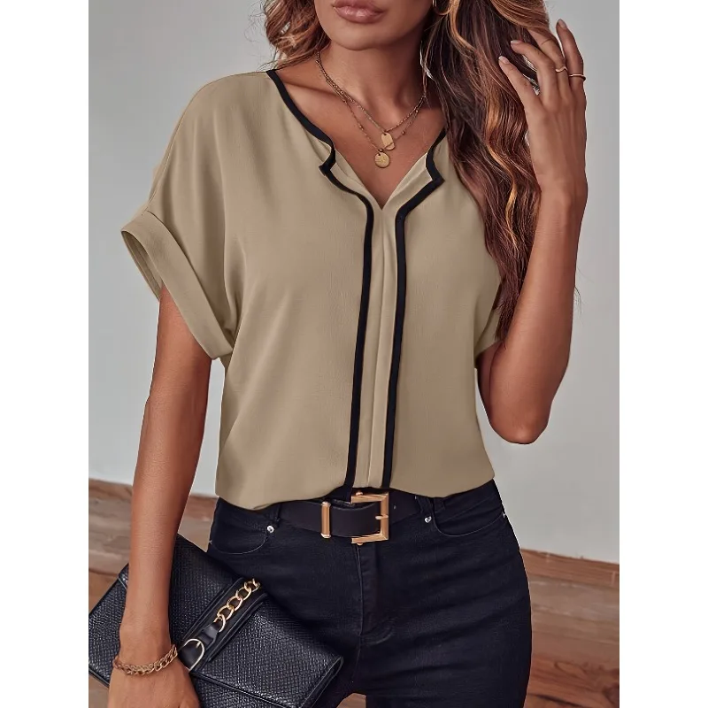 Women\'s 2024 Summer New Pullover V-neck Fashion Solid Batwing Sleep Simple and Elegant Casual Loose Short Sleeved Chiffon Shirt