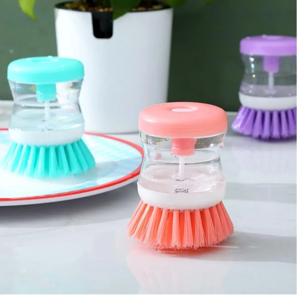 Multifunctional Liquid Dispensing Dish Brush Press-Type Auto Soap Dispenser Kitchen Scrubber Non-Oil Non-Scratch Pot Cleaning