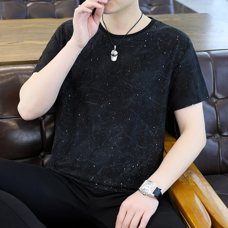 

2026 Summer New Short Sleeve Round Neck Korean Style Sequin Men's Teen Distressed Tops Trendy Student Fashion Tee