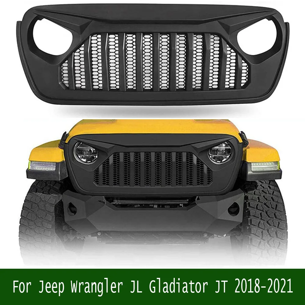 For Jeep Wrangler JL Gladiator JT 2018-2021 Front Upper Grille Angry Style Racing Grills 4x4 Offroad Front Car Bumper Grille Fit