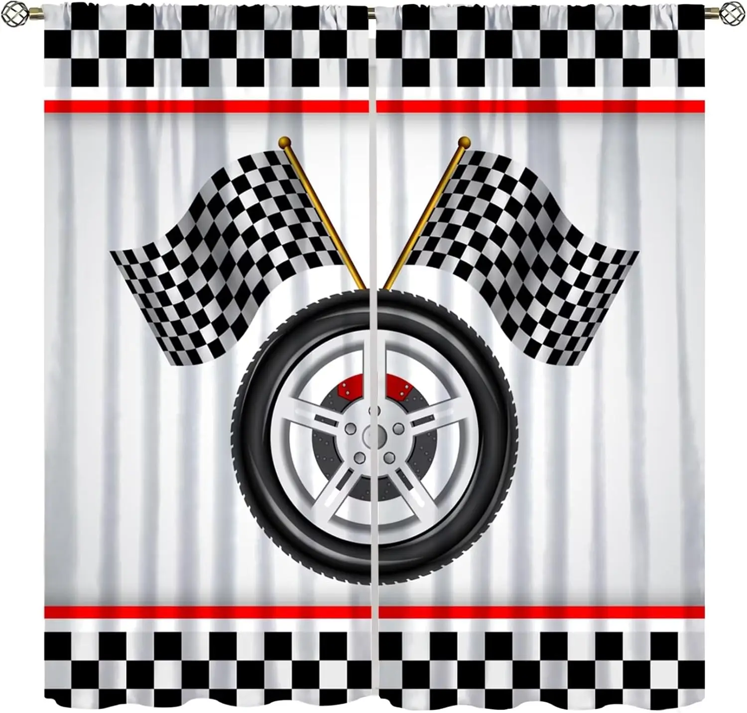 Racing Car Kids Curtains Racing Car Flag Game Theme Racecar Wheel Checkered Flag Pattern Printed Curtains for Kids Bedroom