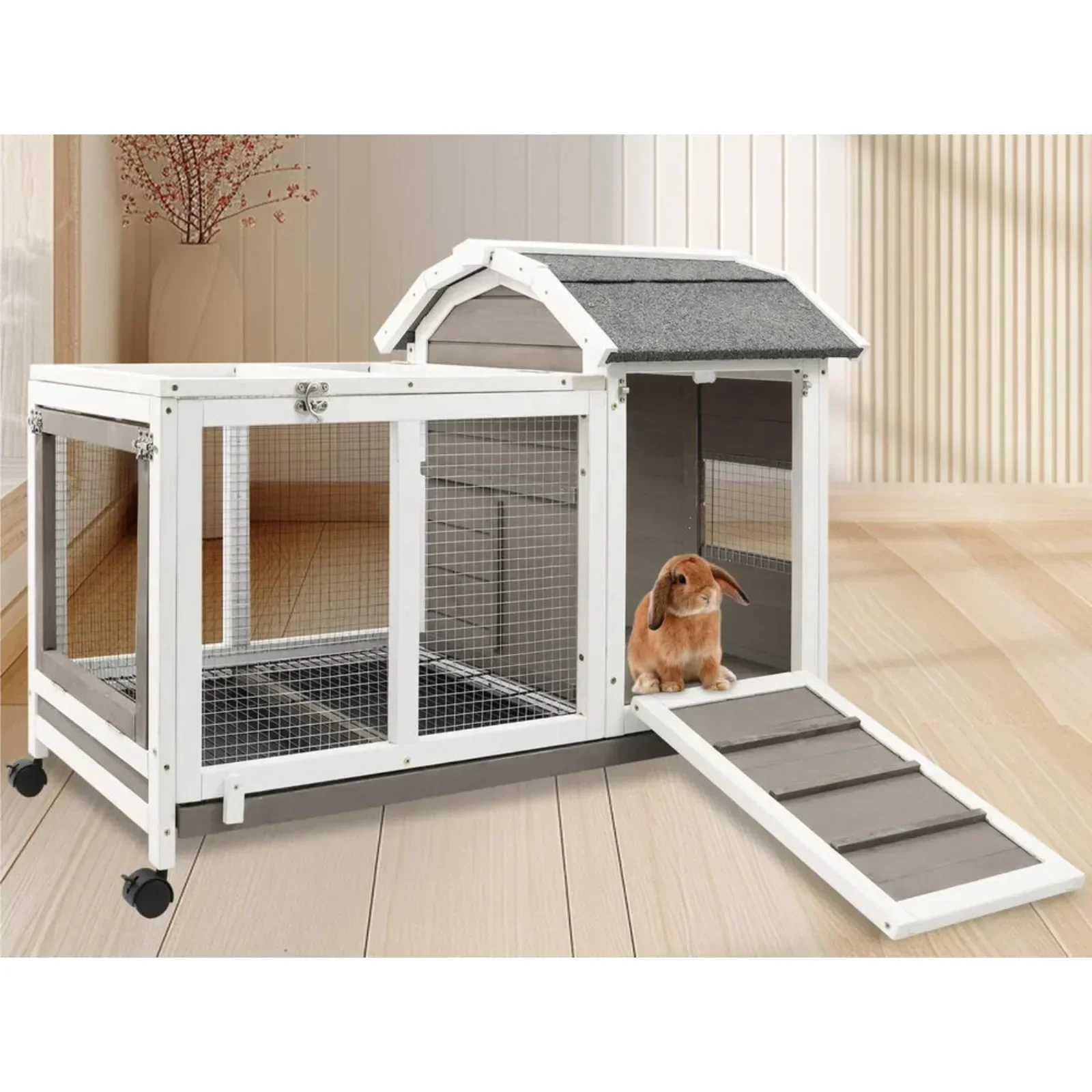 Large Classic Wooden In/Outdoor Guinea Pig House On Wheels Rabbit Hutch Cat Cage