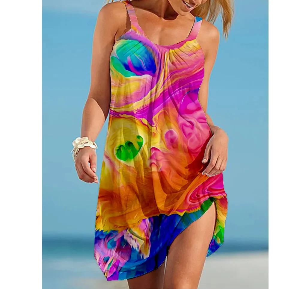 Vestido de praia feminino colorido Tie Dye estampado sem mangas, vestidos arco-íris de verão, festa Beachwear, Girls Sling Midi Night Dress