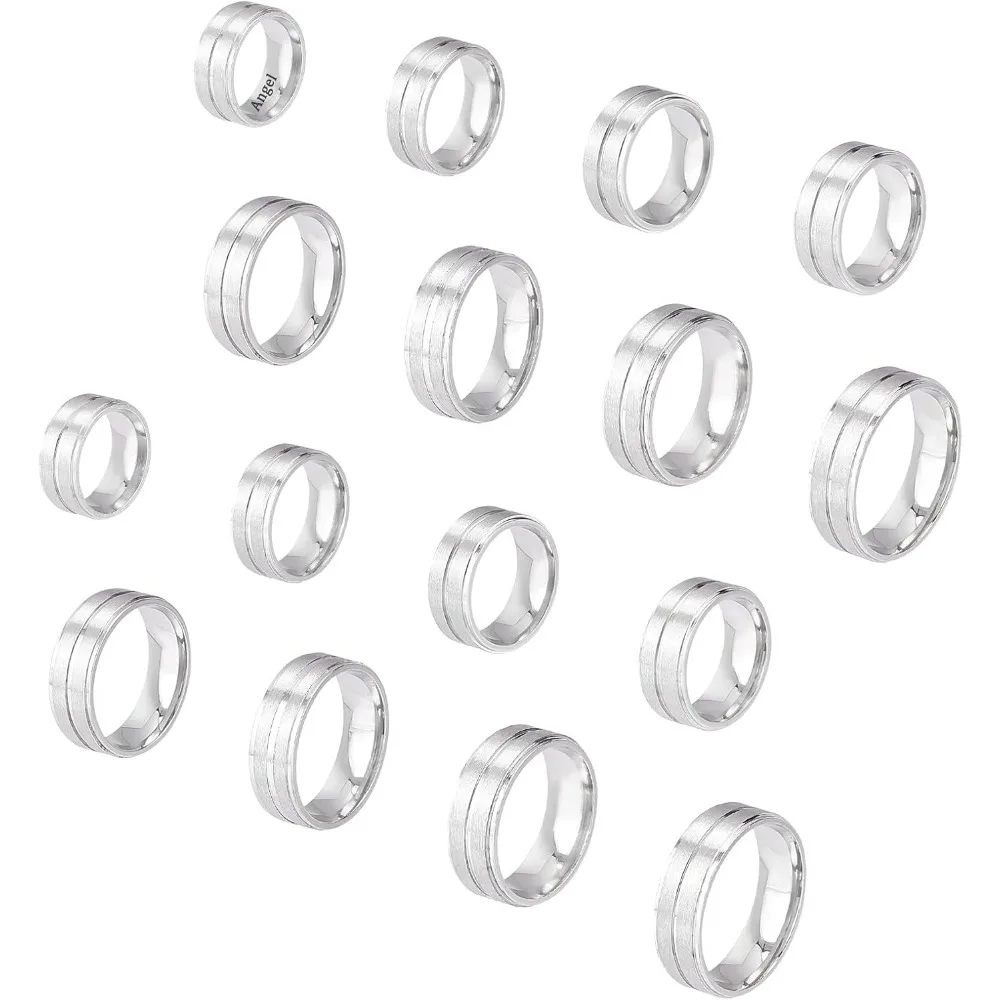 16pcs Stainless Steel Grooved Finger Ring 8 Sizes Laser Inscription Blank Core Ring Hypoallergenic Metal Ring for Inlay