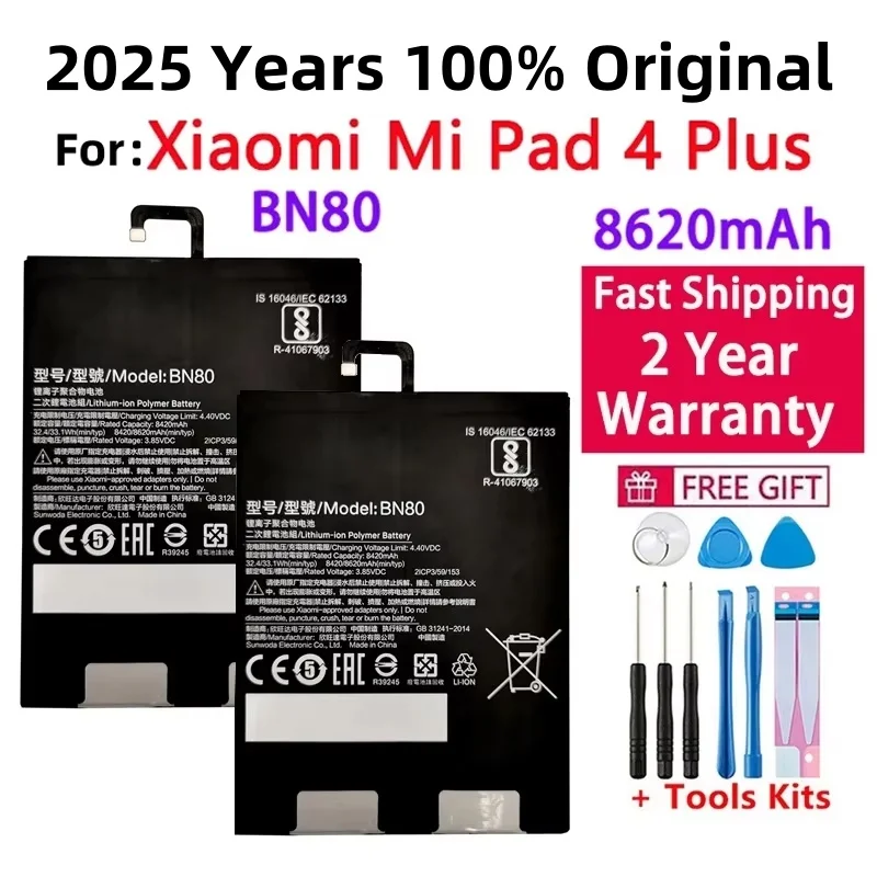

Replacement Battery For Xiaomi Pad 4 Plus Tablet, 100% Original Battery, High Capacity, 8420mAh, Tools Kits, BN80