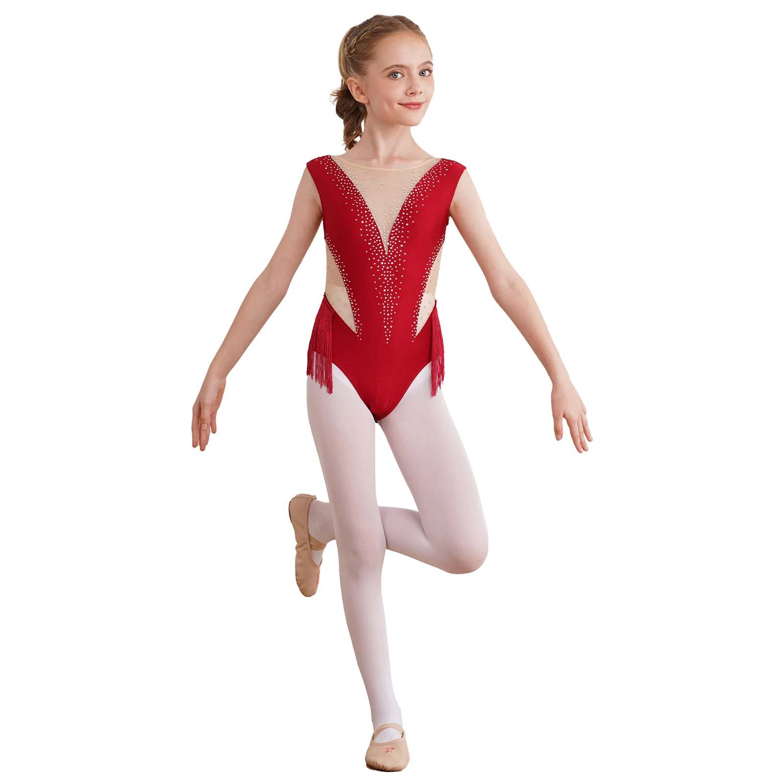 Children's Fringed Gymnastics Leotard Tassel Latin Dance Bodysuit Kids Girls Figure Skating Jumpsuit Performance Costume