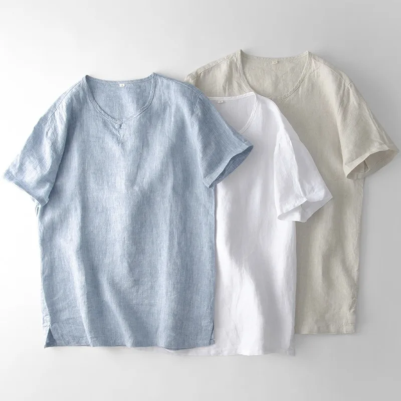 Linen Men's Collarless Pullover Short-sleeved Shirt Vintage Plate Button Loose Clothing