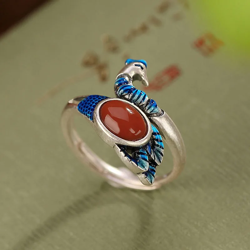 Retro silver 925 blue enamel peacock rings for women original ethnic style southern red tourmaline ring banquet fine jewelry