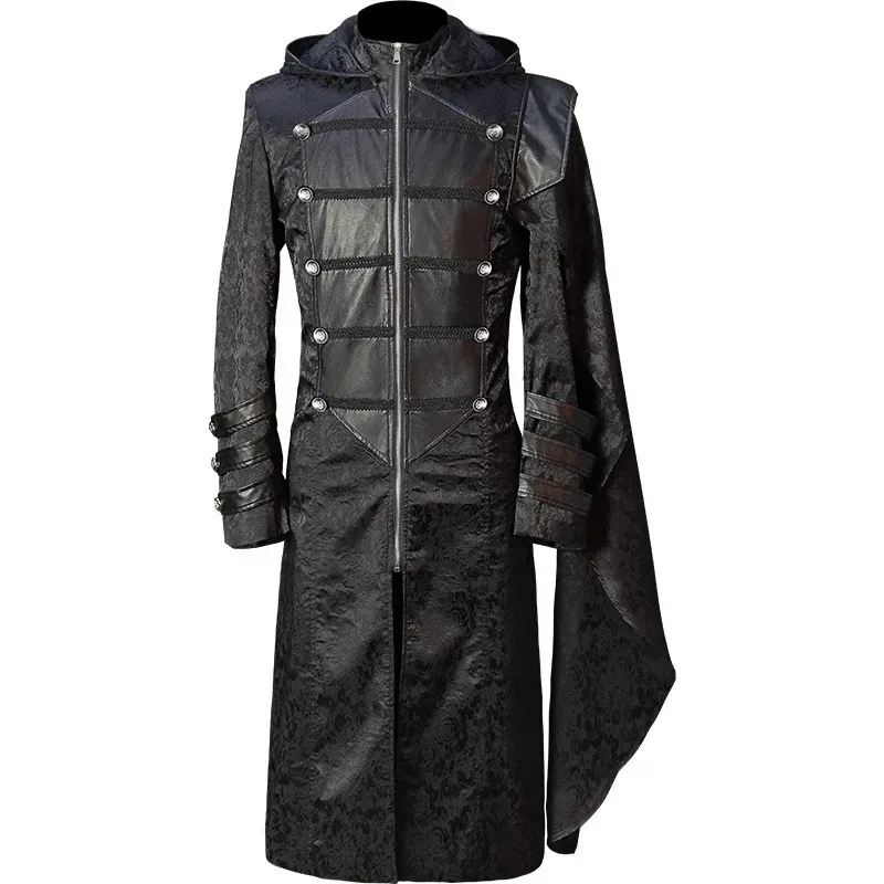 

Halloween Medieval Retro Steampunk Cosplay Costume For Adult Men Fashion Leather Long Sleeve Jacket Coat Jacquard Hooded Trench