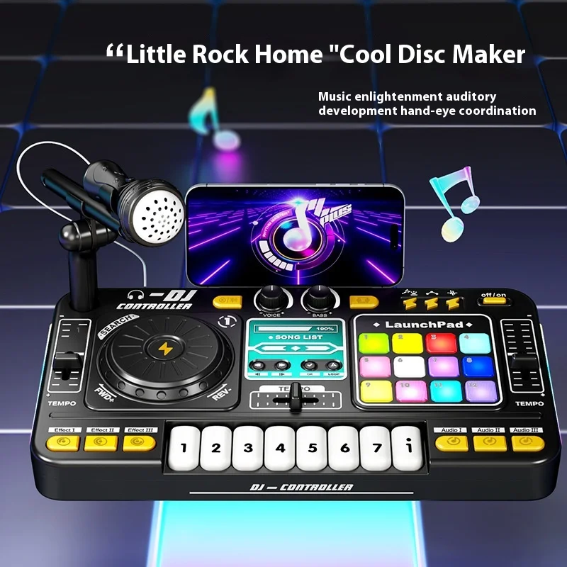 Caixa de batida de dj infantil, multifuncional, bluetooth, instrumento de brinquedo de simulação de música com microfone, brinquedo onal para bebê