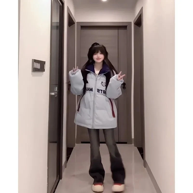 Women's 2025 Autumn And Winter Thickened Flannel Coat Loose And Lazy Style Blue Student Thickened Bread Cotton Jacket Coat blue